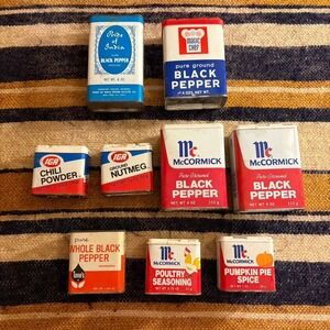 Vintage Spice Tin Lot McCormick IGA Magic Chef Pride of India Tones Retro Decor